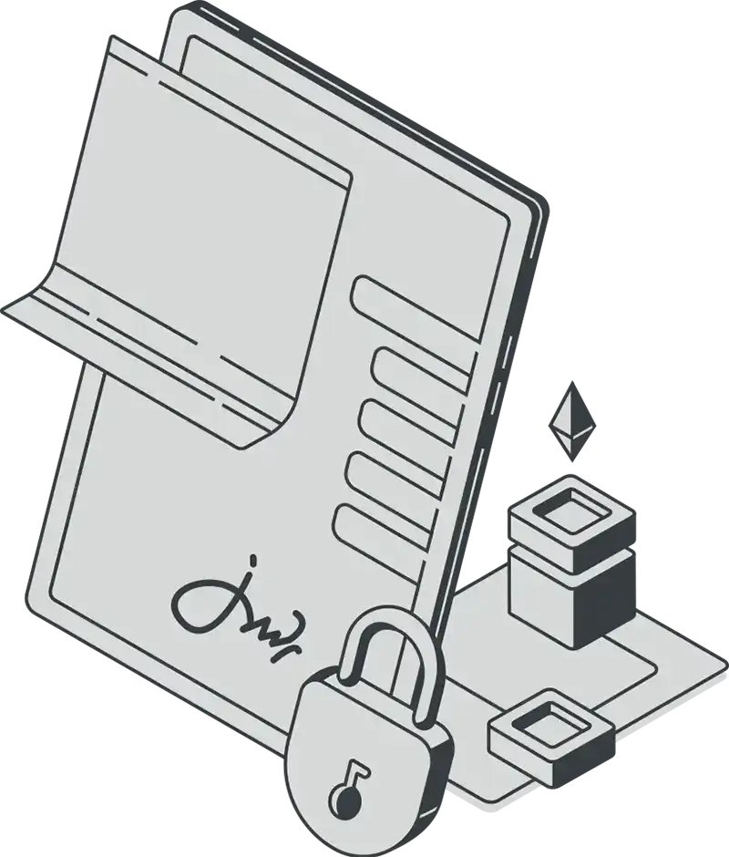 Illustrazione di un documento firmato con lucchetto, simbolo di sicurezza e compliance normativa
