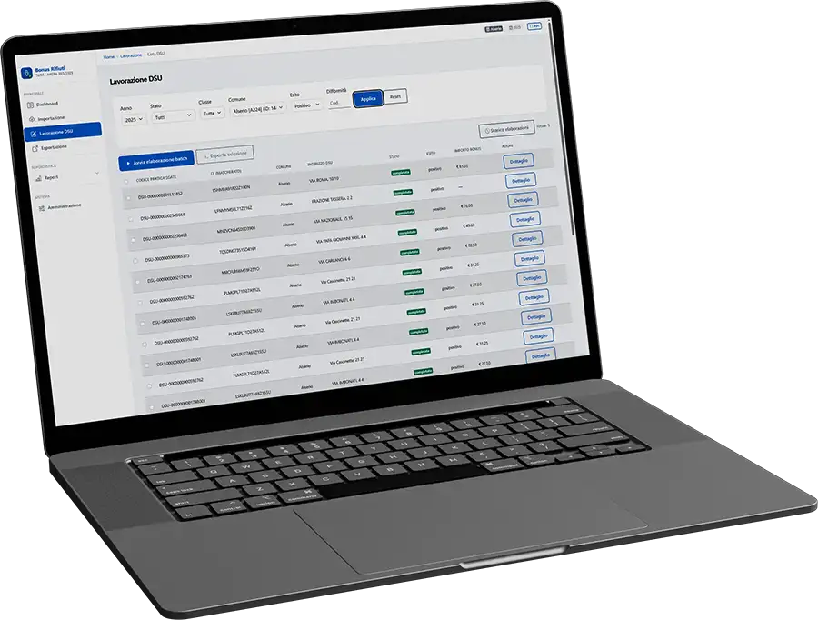 Lista lavorazione DSU nella piattaforma Bonus Tariflow con stati, importi e azioni operative